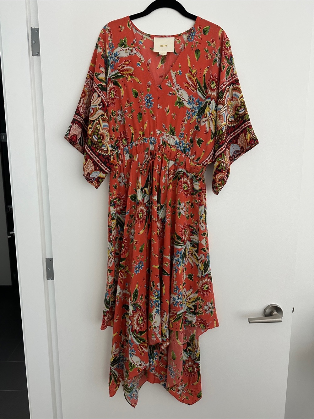 Anthropologie Maeve 💯 silk Coral Floral Print High-Low Dress Caftan swim cover